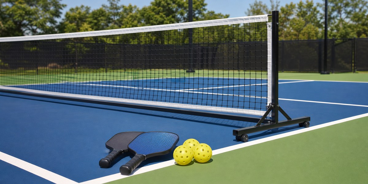 Outdoor pickleball court with portable net, paddles, and balls.