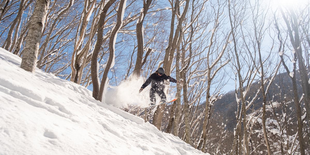 A lone skier in vibrant gear navigates the snowy slopes of Gulmarg during winter