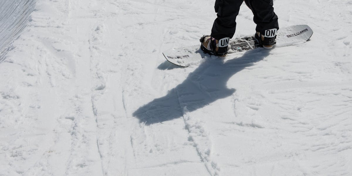 Capture of a snowboarder descending through a snowy forest in Japan, embracing win...