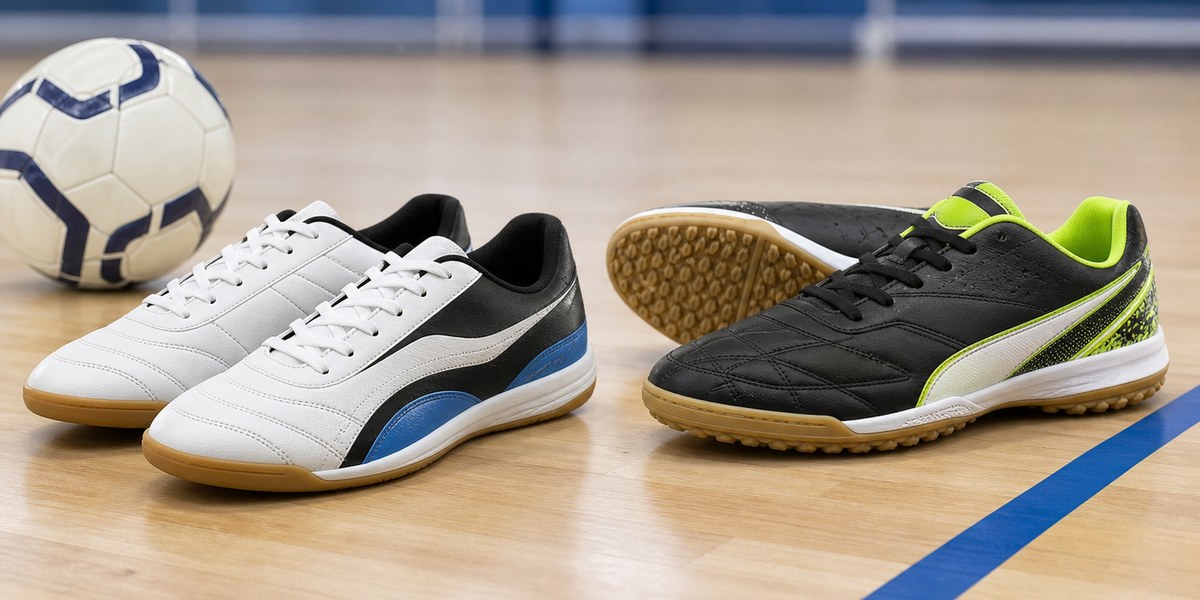 Futsal and indoor soccer shoes on an indoor court with outsole details.