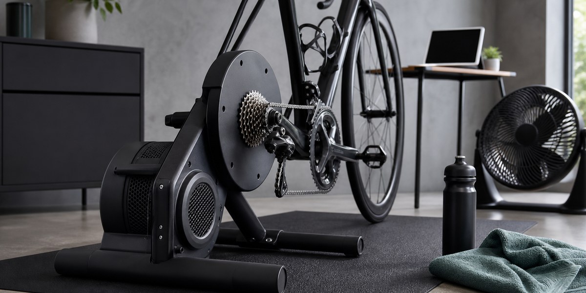 Indoor road bike mounted on a direct-drive smart trainer with training accessories.