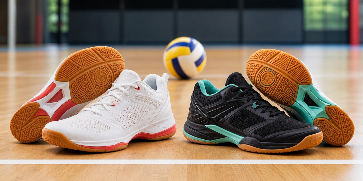 Volleyball court shoes showing traction and cushioning on an indoor court.